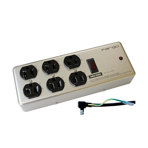 Fargo STEEL TAP 電源タップ スチール製 3ピン対応 アース線付き コード 壁掛け 固定 シルバー, 6個口1.8m
