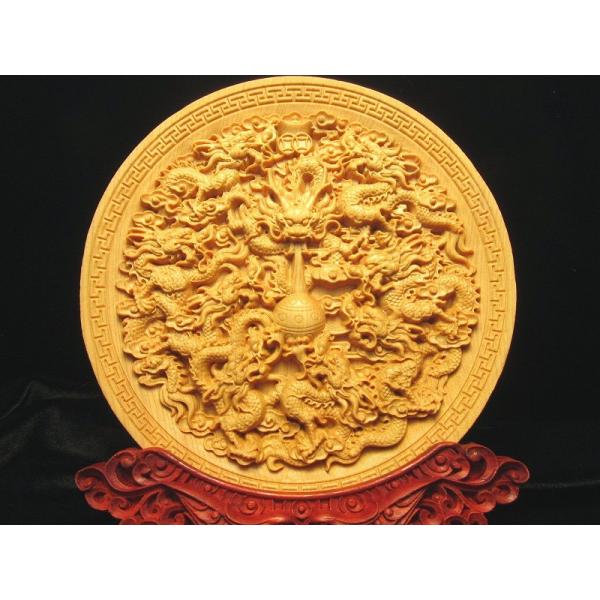竜生九子 龍彫り 台付き お皿型置物 直径約142mm 5A極上彫り 木彫り