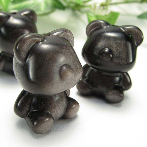 高品質　オブシディアン　大きめくま　クマ　置物 激安宣言 1珠販売 縦穴タイプ シルバーオブシディアン クマ型 ビーズ石