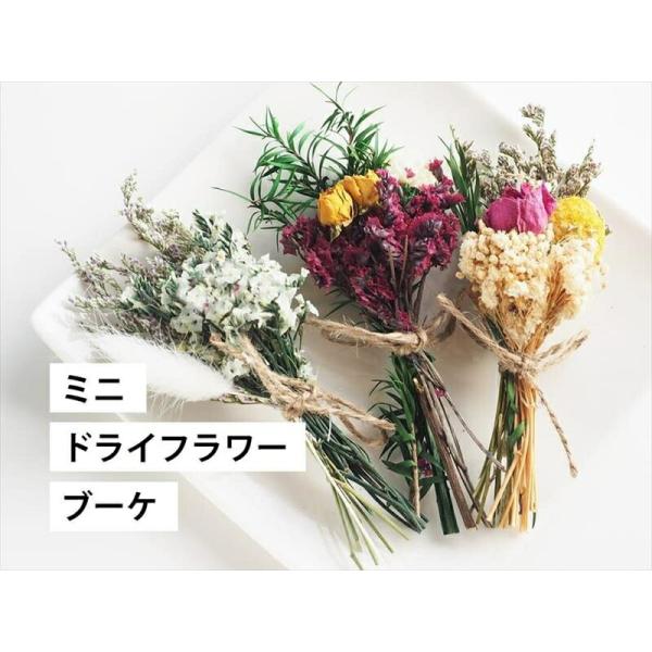 ■サイズ・重さなど：縦:約13cm横:約3cm※麻ひもで束ねられています。※透明な袋に入っています。■商品説明：ミニドライフワラーブーケミニサイズのドライフラワーブーケが入荷しました。通常のドライフラワーと同様、お部屋のインテリアやプレゼン...