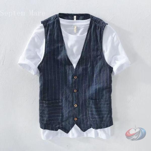 ベスト メンズ 麻 リネンベスト ゾンチー Vネック ストライプ 軽量 薄手で通気性がよく 夏の普段着に上品さを添えるカジュアルトップス