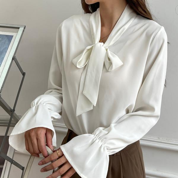 Vネックボウタイシャツブラウス 　シフォンジョーゼット 美フォルム   通勤 オフィス レディース 長袖 上品 　メール便送料無料   b1010