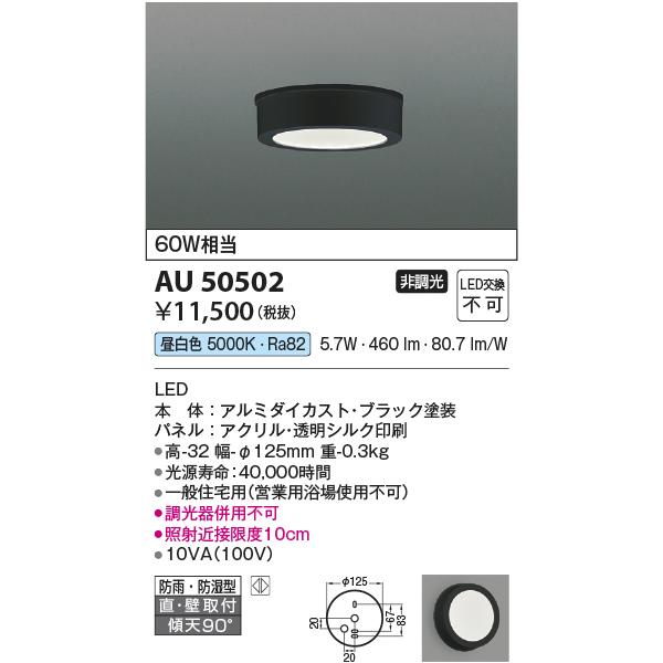 コイズミ照明　AU50502　アウトドアライト LED一体型 非調光 昼白色 防雨・防湿型 直・壁取付 傾斜天井対応 ブラック ∽