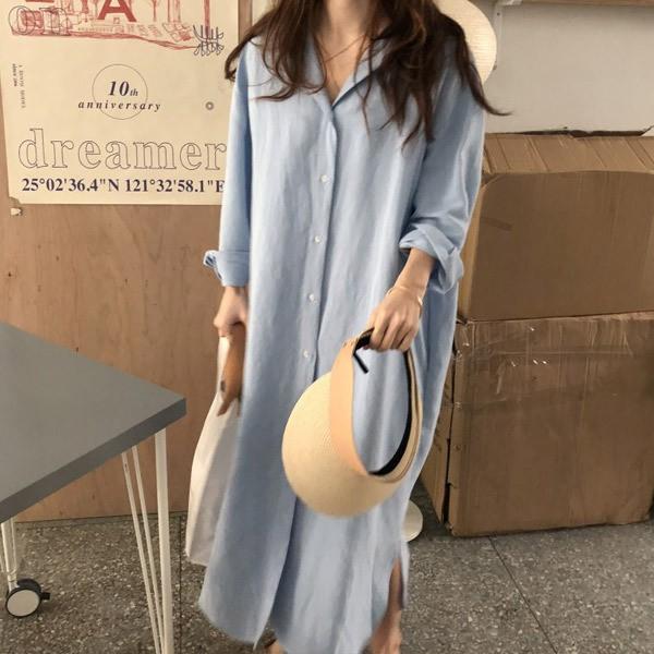 ヴィンテージ加工の大きめロングワンピースシャツ M サックス ワンピース ドレス トップス カジュアル きれいめ 韓国ファッション 中国ファッション ギャル Mr0109 コスプレ通信 通販 Yahoo ショッピング