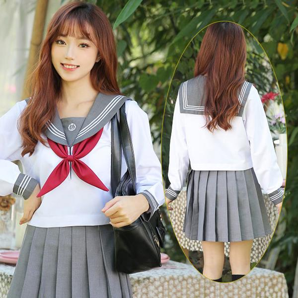 セーラー服 制服 コスプレ 上下セット Mサイズ グレー 赤 - 通販