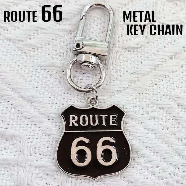 ルート66 メタル キーホルダー キーリング キーチェーン キーチャーム ROUTE66 アメカジ USA ブラック シンプル エナメル メッキ サイン 道路標識