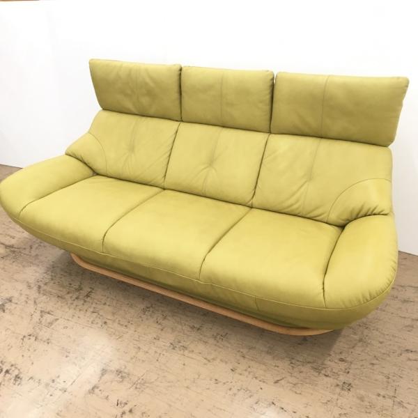 中古 人気 即日出荷 Karimoku カリモク グリーン系 Chitano 185 80 93 本革張り3人掛けソファ