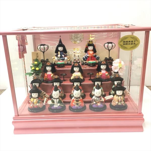 中古 未使用 ひな人形 翠豊作 木目込 十五人飾り 友禅 ピンクメタリック 48×39×38