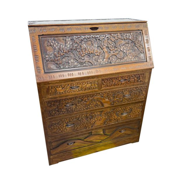 中古 店舗近郊送料格安 軽井沢彫 ライティングデスク 伝統工芸 書斎机