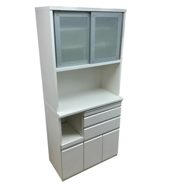 中古 近郊送料格安 松田家具 キッチンボード 食器棚 レンジボード ホワイト 引き戸 スライドテーブル 幅90cm×奥50cm×高200cm