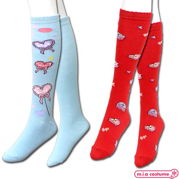 1306B■【送料無料・即納】B品 ロリータハイソックス単品 色：レッド(クッキー柄)/サックス(ハートバルーン) 靴下 ひざ下 スカラップ お出かけ おしゃれ 可愛い