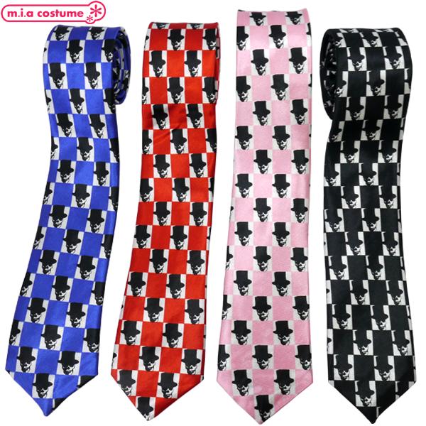 1280H■【送料無料・即納】B品 ネクタイ 細身カラフルハット紳士柄 色：ブルー/レッド/ピンク/ブラック 骸骨 髑髏 チェック カジュアル ハロウィン コスプレ