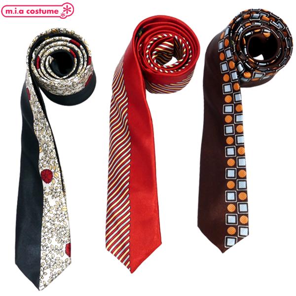 1310E■【送料無料・即納】B品 センターシェアードネクタイ 色：花紋×黒/ストライプ×赤/ドットスクエア×茶 アシンメトリー カジュアル ハロウィン コスプレ