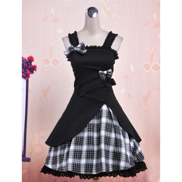 ゴスロリ　ゴシックロリータドレスJSK　ギンガムアップリケ　ロリィタジャンパースカート　ブラック　アイドル衣装　洋服　お茶会
