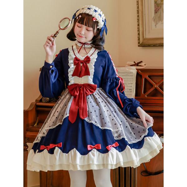 甘いロリータOPドレス白雪姫弓水玉長袖ロリータワンピースドレス 