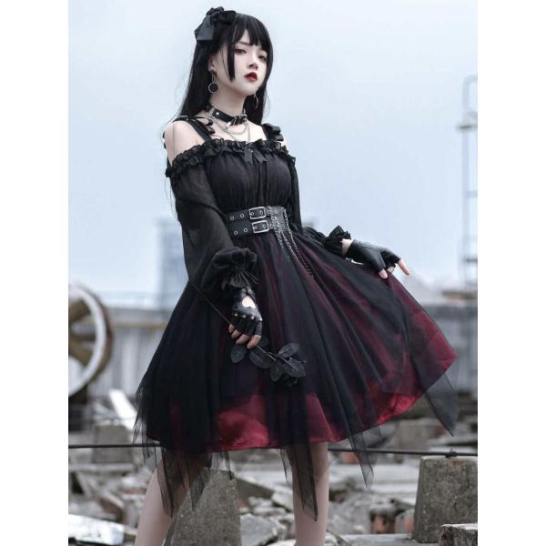 ゴスロリ・ロリータ 黒ドレス オフショルダー 送料無料】ロリータ ゴスロリ ワンピース Aライン Lolita オフ