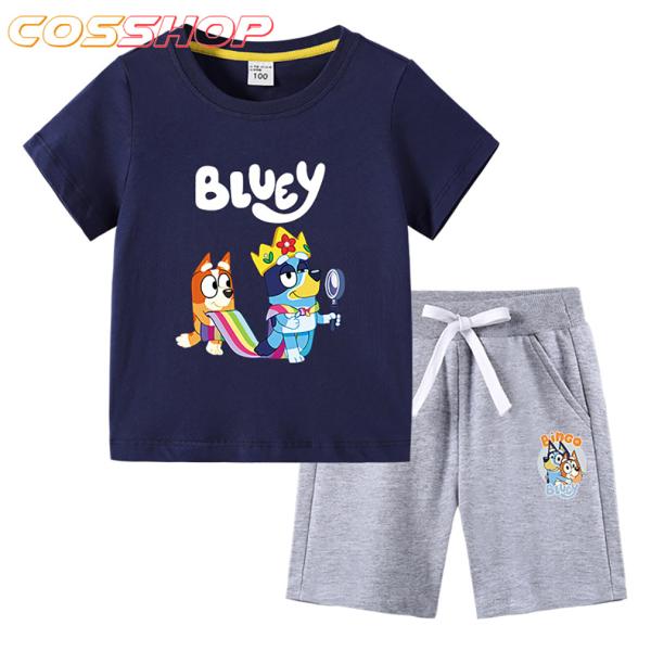 多色・多柄春夏新作 男の子 女の子 小学生から幼稚園児に適 子供服  100%綿 子ども服  短袖  ラウンドネック 丸首 可愛い 半袖Tシャツ パンツ ブルーイ トップス