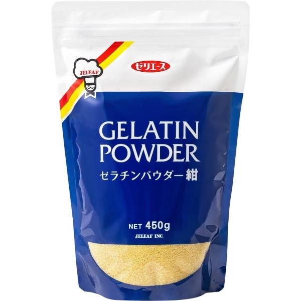 ［規格］450g　原料由来：牛粉末ゼラチンのハイグレードタイプ。標準使用量2.3％・ゼラチン重量の約５倍量のお水を用意しゼラチンを振り入れます。・約10分ふやかし、50〜60℃に温めた材料に加え煮溶かします・あら熱をとりお好みの型に入れ冷蔵...