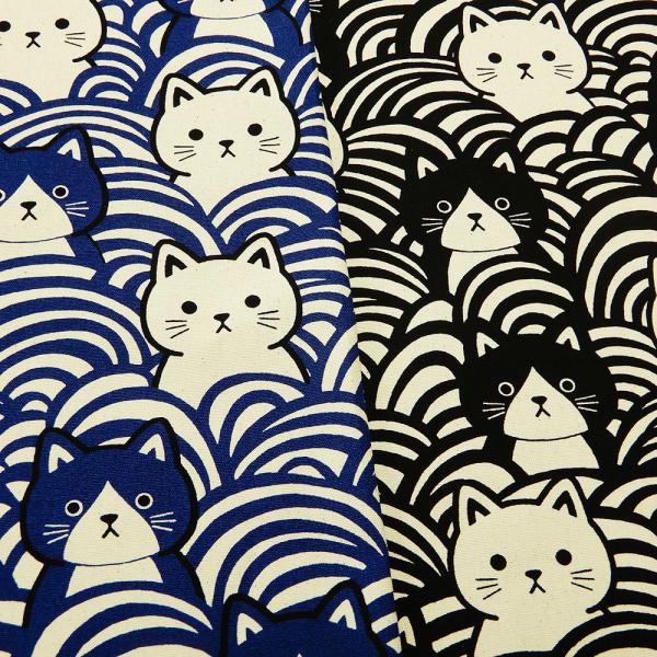 和柄 生地 猫柄 青海波猫 フェイス オックス 紺 黒 系 ねこ 布地 商用利用可 メール便2mまで