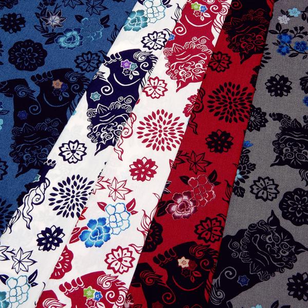 生地 紅型風 沖縄 シーサー３ 琉球柄 びんがた ブロード 和柄 綿 布 白 紺 赤 グレー 系 布地 110cm幅 商用利用可 メール便3mまで