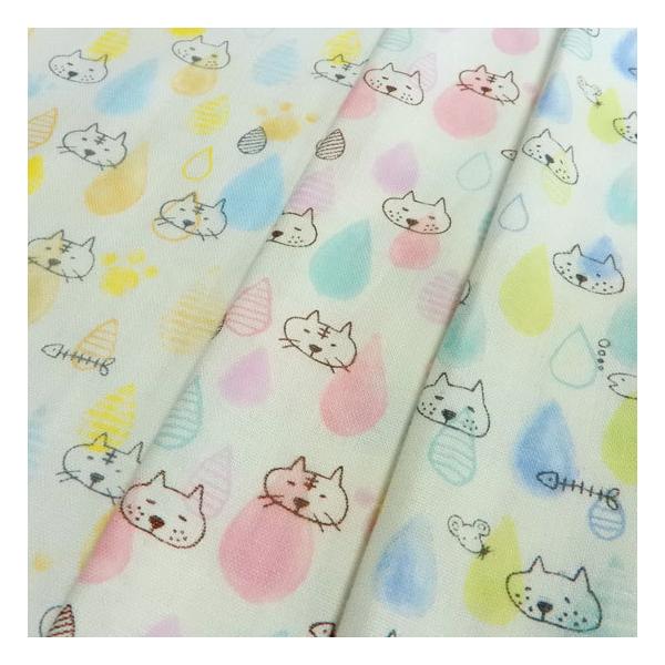 猫柄 ダブルガーゼ生地 ねこ柄 布 ベビー 日本製 ネコとしずく Wガーゼ 