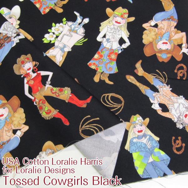 USA Cotton Loralie Harris for Loralie Designs  Tossed Cowgirls BlackiP50cmj