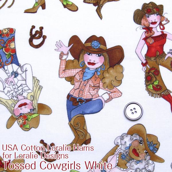 USA Cotton Loralie Harris for Loralie Designs  Tossed Cowgirls WhiteiP50cmj