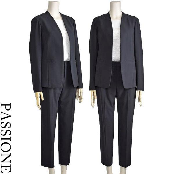 セットアップ レディース パンツスーツ PASSIONE ノーカラー ネイビー 
