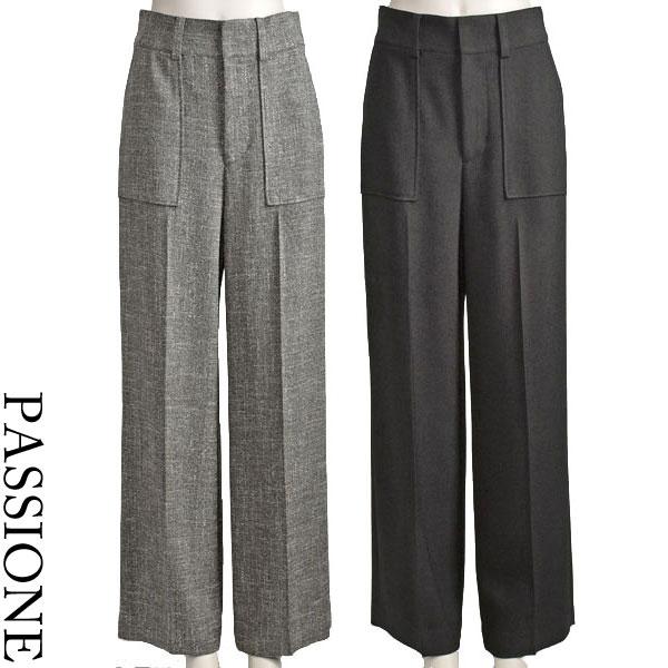 ワイド パンツ レディース PASSIONE ツィード きれいめ 美脚 グレー 