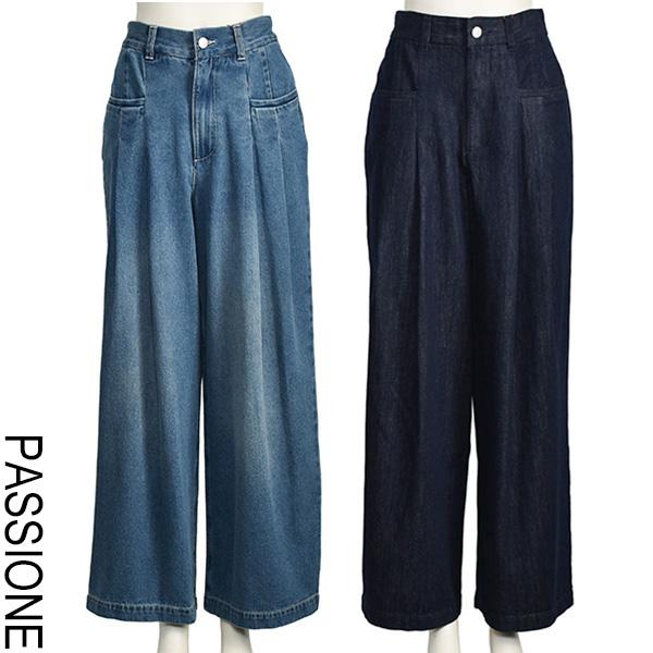 【新品タグ付き】PASSIONE デニムパンツ 38 PASSIONE（パシオーネ） デニム ワイド パンツ レディース 脚長