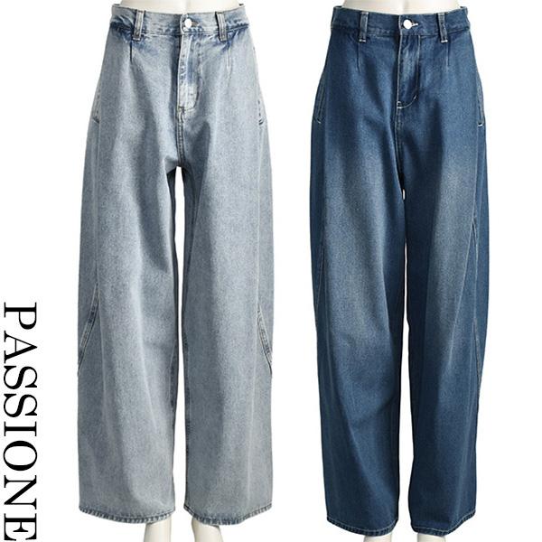PASSIONE（パシオーネ） タック ワイド カーブ ジーンズ ブリーチ