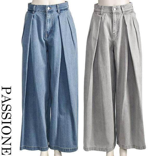 週末値下　PASSIONE タックデニムワイドパンツ　グレー40サイズ PASSIONE（パシオーネ） タック バギー ジーンズ レディース