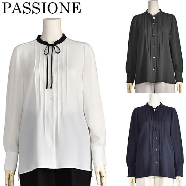 レディース PASSIONE バンドカラー フレアブラウス シャツ ホワイト