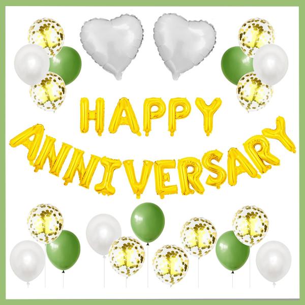 記念日 飾り付け ハッピーアニバーサリー ガーラン 結婚 お祝い 風船 ハート ゴールド×白×緑