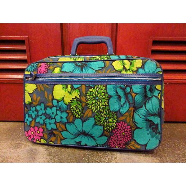 ビンテージ70's☆Bantam Travelware レトロ花柄トランクバッグ青 S