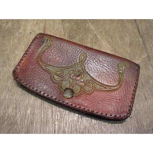 ビンテージ~30's○型押しレザーカードケース茶○201124n7-wlt