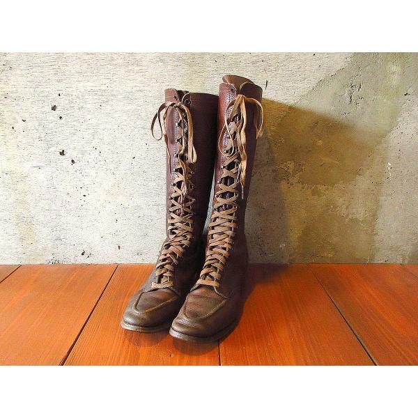 ビンテージ40's○CHIPPEWAレザーレースアップロングブーツ茶実寸24cm