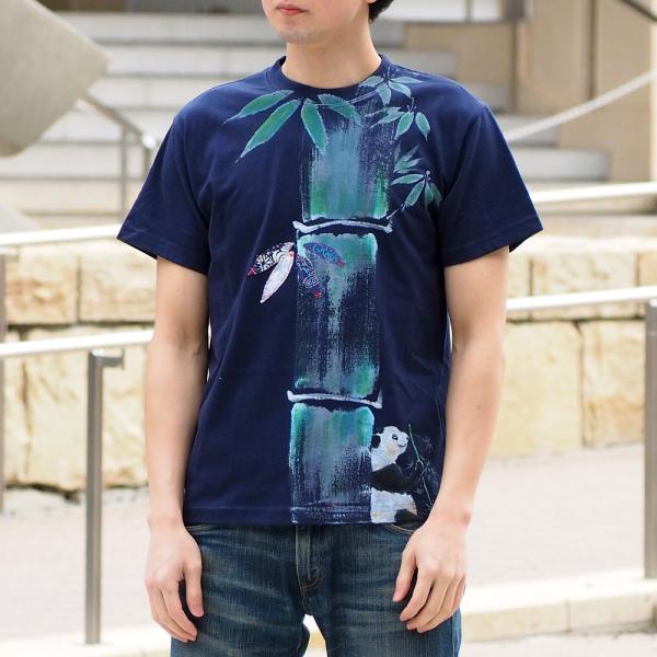 手描き竹柄袖リブロングTシャツ S ネイビー 男女兼用 秋冬 和柄 和風 紺色 GEN SENCE(ゲンセンス) 和柄手描き＆リメイク 半袖Tシャツ [嵯峨野の