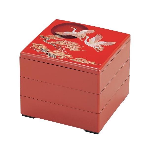 割烹漆器 若泉漆器 お重箱 6.5寸重 朱日の出鶴（内黒） 3段 H-154-6A
