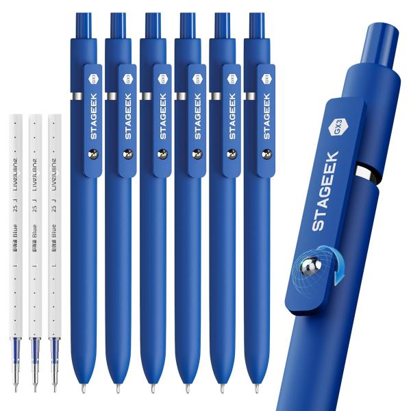 STAGEEK ゲルインクボールペン0.7mm 6本セット 替芯3本付き 青インク 速乾性 極細 スムーズ筆記 滑り止めシリコングリップ 回