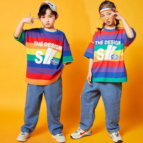 ステージ衣装応援団ジャズダンス男の子女の子セット発表会キッズダンス衣装ヒップホップ韓国子供服HIPHOP派手Tシャツ練習着男女兼用