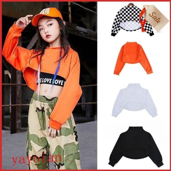 チェック柄 シャツ ダンス 長袖 ジャズダンス衣装 ス キッズ ダンス衣装 ヒップホップ 子供 体操服 練習着 演出服 オシャレ オレンジ