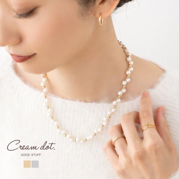 数量限定レア美品ドットボールY字ネックレス 多粒真珠パールゴールドコーティング Cream dot. ネックレス レディース ショート メタルボール 大人