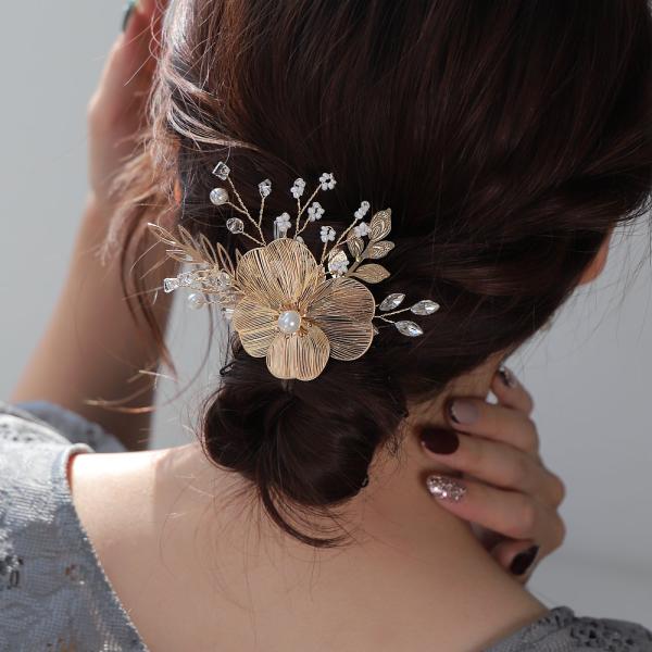 ヘアコーム ヘアピン ヘアアクセサリー パール フラワー リーフ ビジュー 小枝 ワイヤー メタル 結婚式 二次