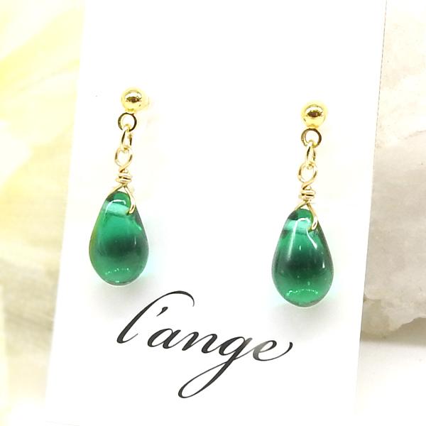 L'ange ノンホールピアス 樹脂 ナイルグリーン 雫 ゴールド