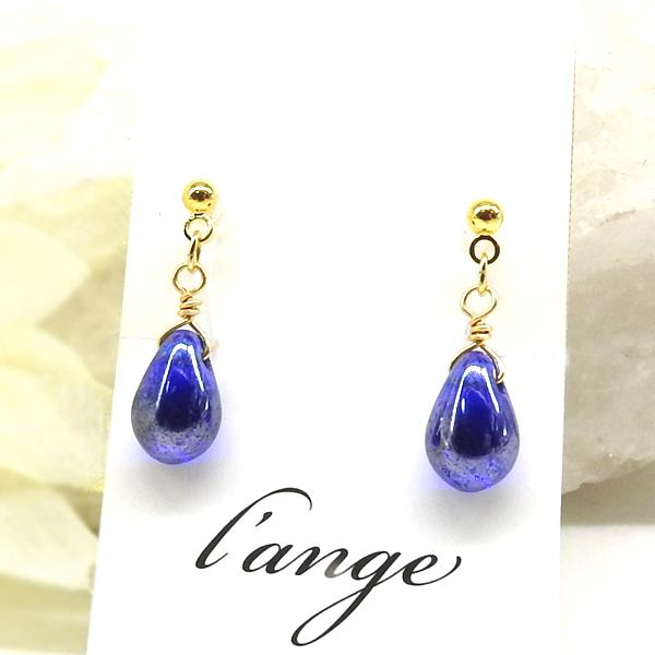 ゴールドレースとネイビー雫の ピアス イヤリング L'ange（ランジュ） イヤリング コバルトブルーの雫 ゴールド