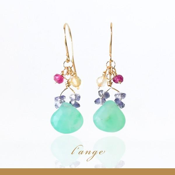 天然石 クリソプレーズ アイオライト ルビー 14kgf ピアス レディース  