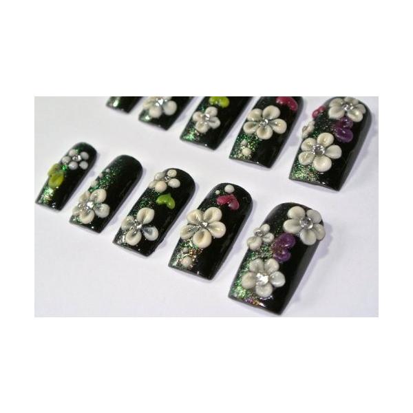和柄ブラック３d花ネイルチップ S 親指から15 12 13 12 10 Mm Prisomtechnology Com