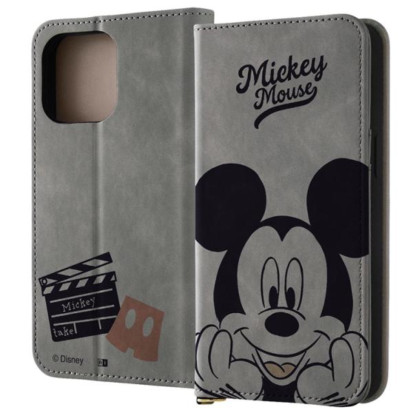iPhone15ProMax 手帳 ケース ディズニー ミッキー グレー ディズニー カチンコ カバー PU レザー 耐衝撃 カード 収納 ポケット