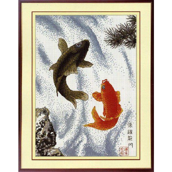 クロスステッチ刺繍キット鯉滝登りCSA-510 生地に図案印刷 : GREEN